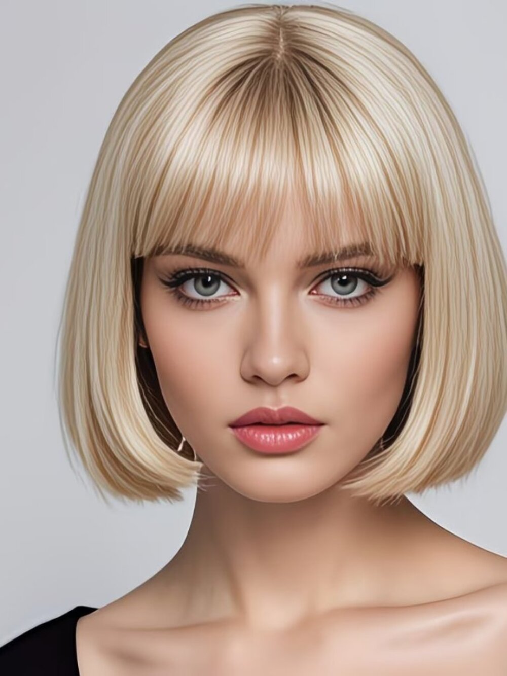12-Inch Bob Synthetic Wig with Bangs (Color Light Golden Blonde)